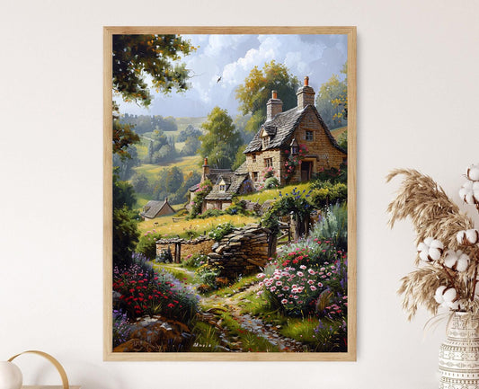 Affiche Cottages en Pierre à Bibury – Peinture du Paysage des Cotswolds