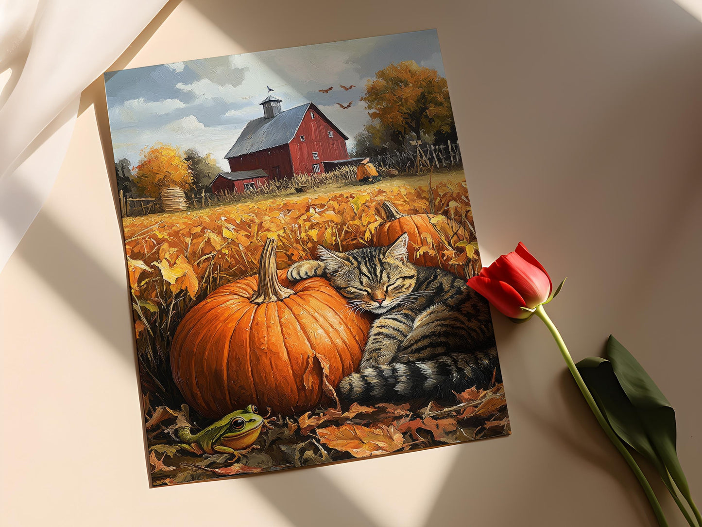 Affiche d'automne - Impression artistique de ferme avec chat et citrouille