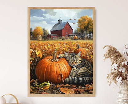 Affiche d'automne - Impression artistique de ferme avec chat et citrouille