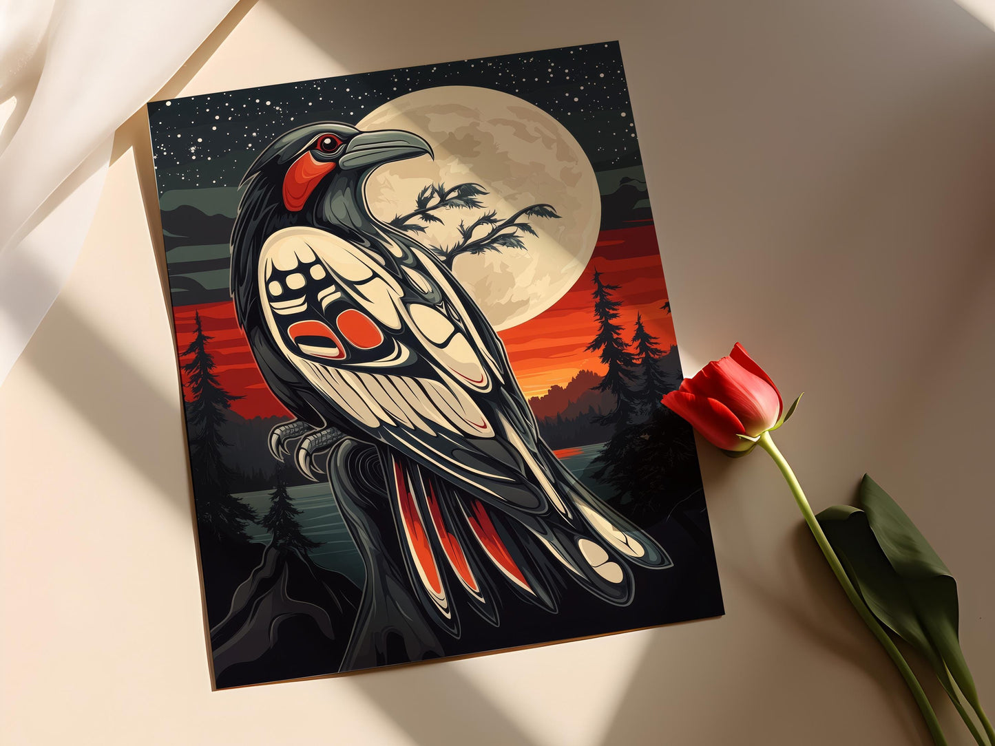 Affiche Raven et Lune – Art Print Traditionnelle Autochtone