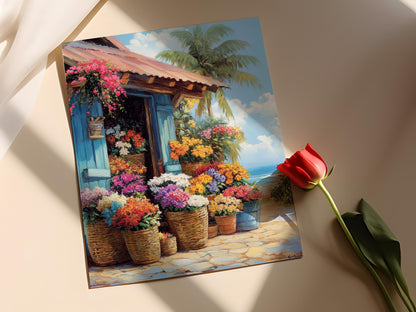 Affiche Fleur Haïtienne – Imprimé Art avec Fleurs Vibrantes et Scène Caraïbe