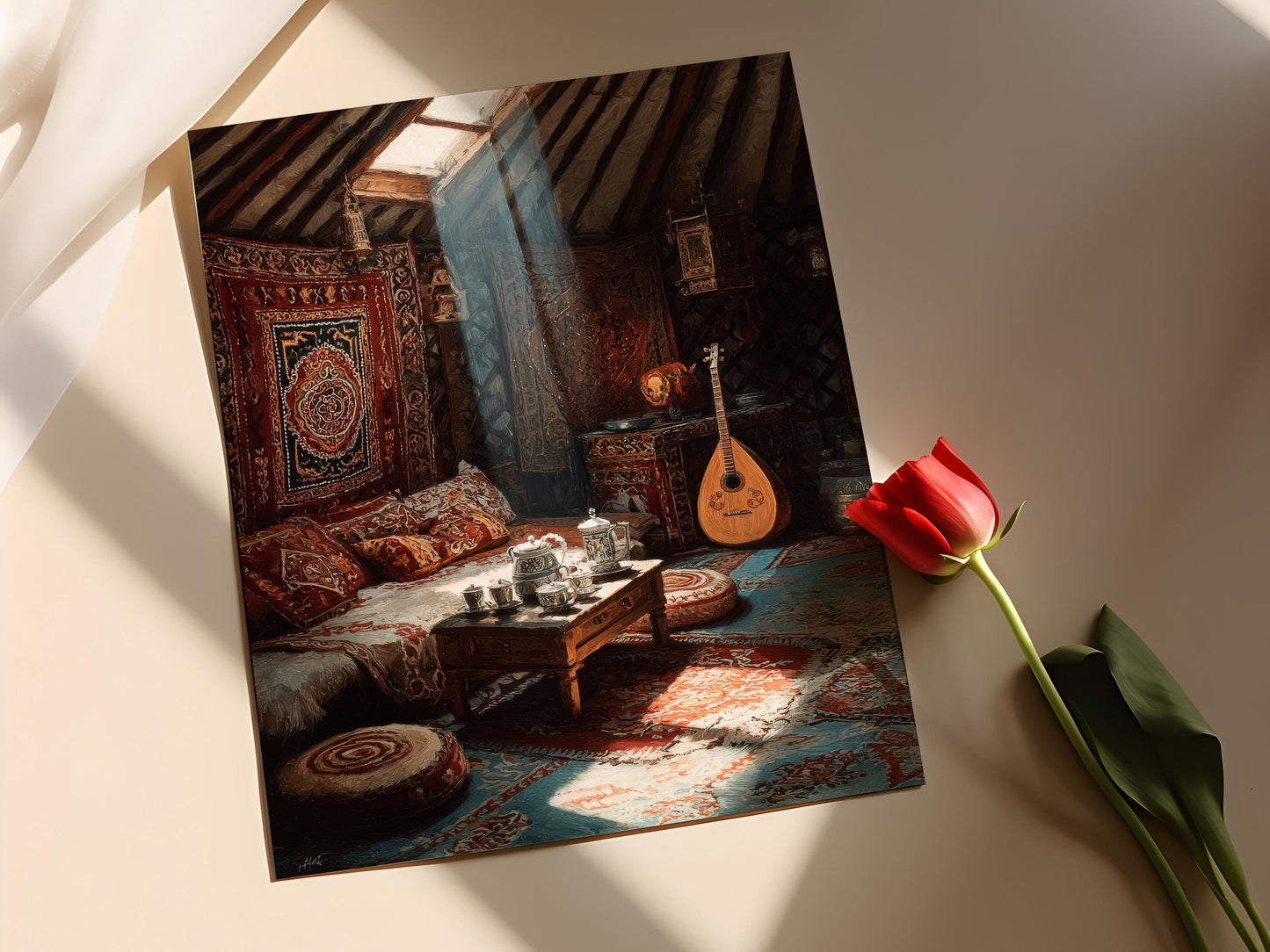 Affiche Peinture Intérieure de Yourte Kazakhe – Art Nomade et Dombra