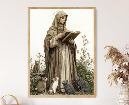 Affiche Sainte Gertrude – Impression artistique jardin médiéval avec chats