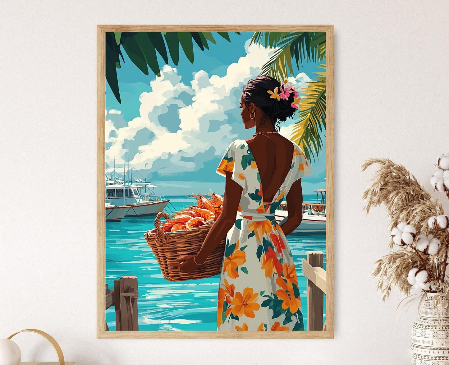 Affiche Femme Bahaméenne – Poster Art de Panier de Fruits de Mer