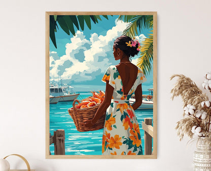Affiche Femme Bahaméenne – Poster Art de Panier de Fruits de Mer