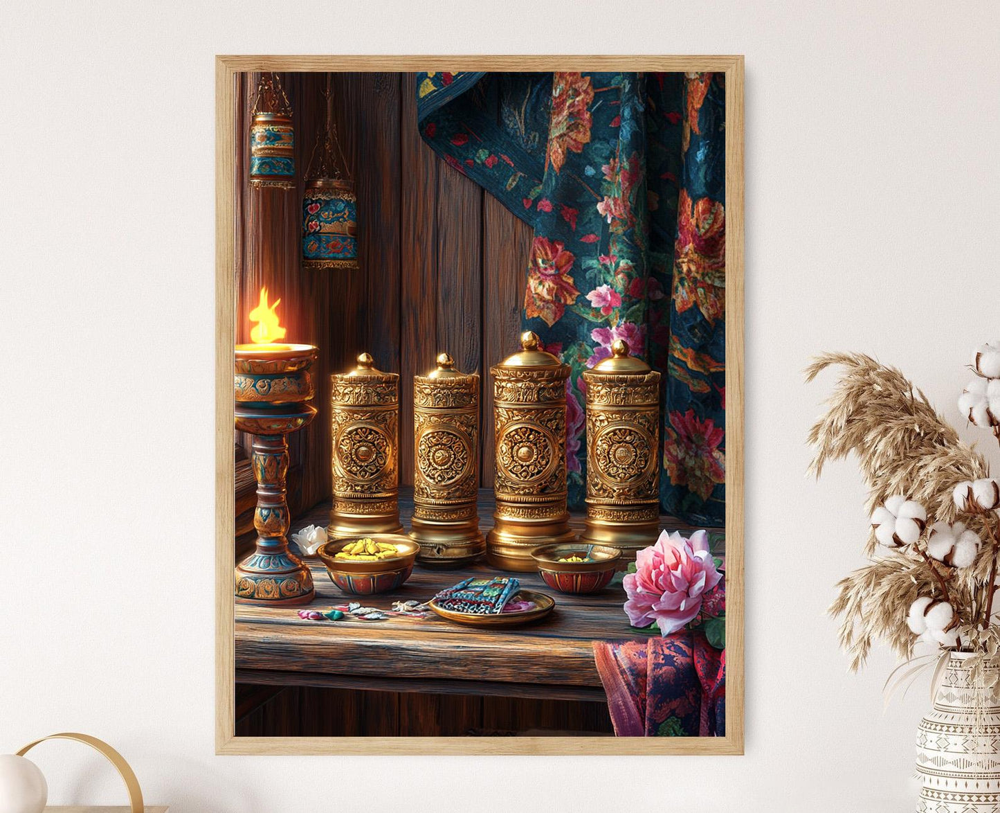 Affiche Roue de Prière Tibétaine – Illustration de Texte Sacré en Cuivre