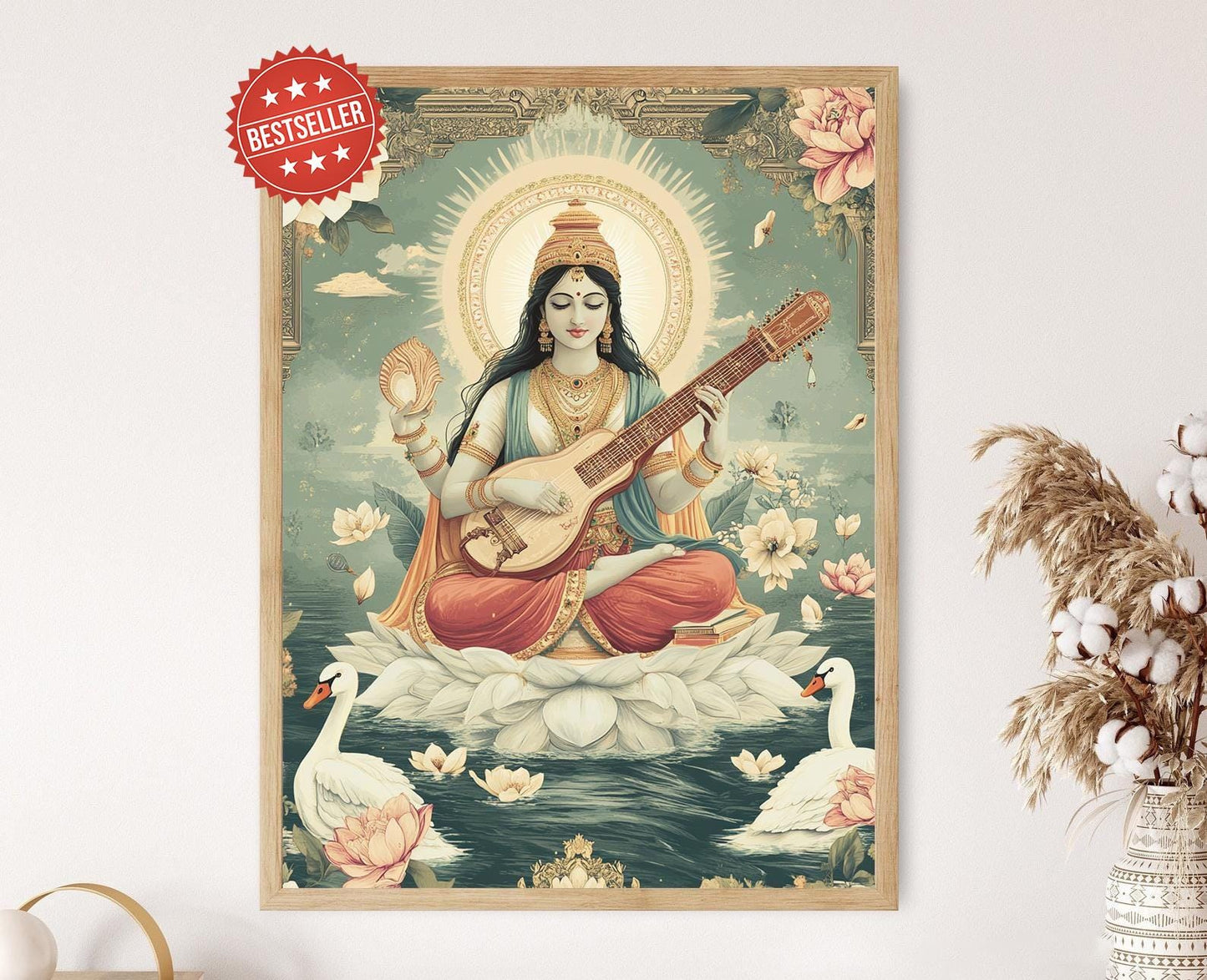 Affiche Déesse Saraswati – Illustration avec Veena et Décor de Sagesse