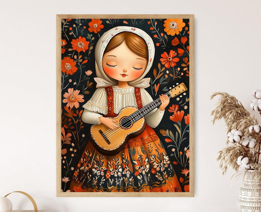 Affiche Fille Ukrainienne Jouant du Ukulélé – Décor Coloré et Culturel