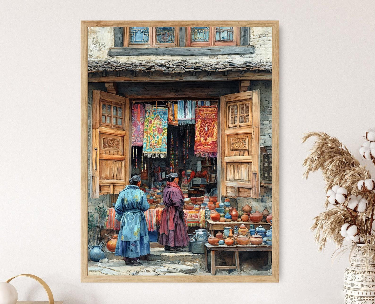 Affiche Marché Tibétain – Illustration Vibrante de Textiles et Poterie