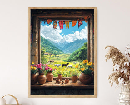 Affiche Ferme avec Yaks – Illustration de Fenêtre et Drapeaux Tibétains
