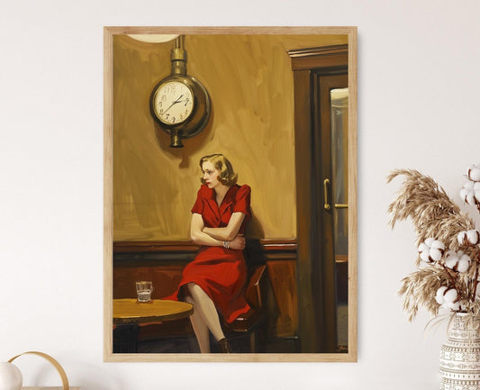 Affiche Art Édward Hopper : Femme en Robe Rouge, Décor Moderne