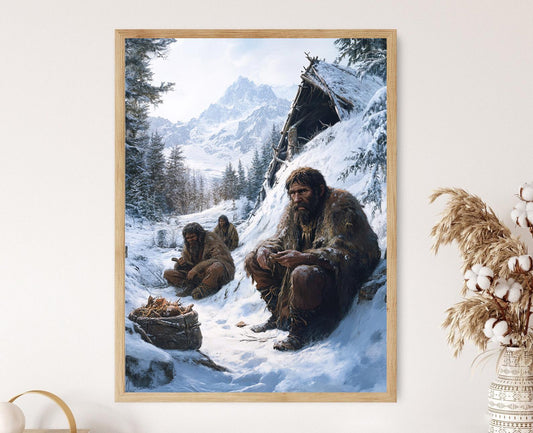 Affiche Néandertalien – Poster Art de la survie des humains primitifs en hiver