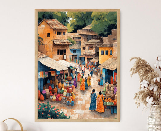 Affiche Art Folklorique Gujurati – Poster Vie Traditionnelle du Village