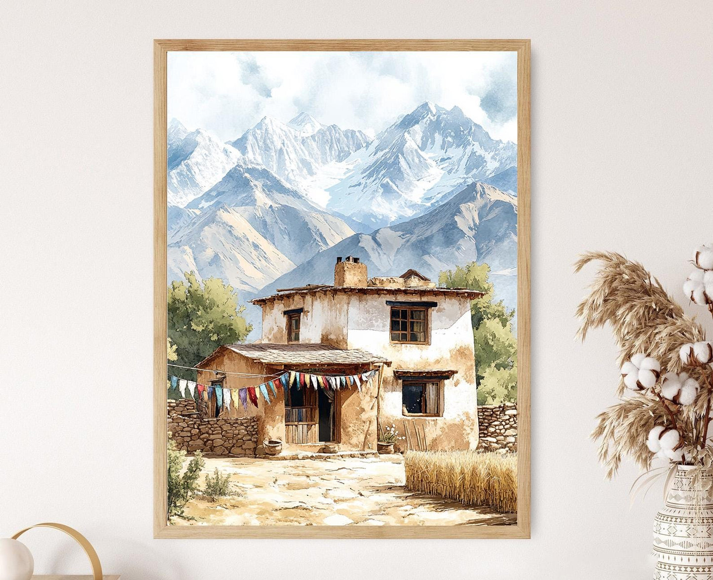 Affiche Ladakh – Imprimé d'art village himalayen, drapeaux de prière, orge sèche