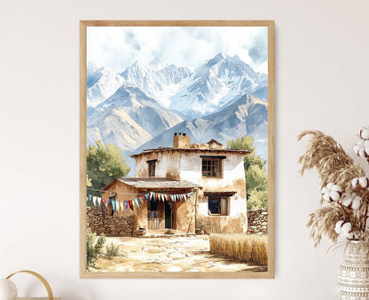 Affiche Ladakh – Imprimé d'art village himalayen, drapeaux de prière, orge sèche