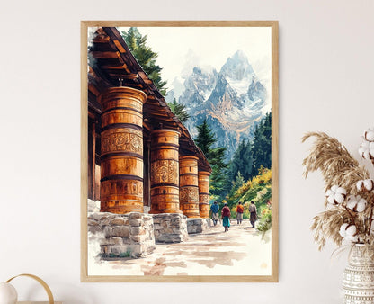 Affiche Roues de prière Ladakhi – Affiche illustration monastère himalayen