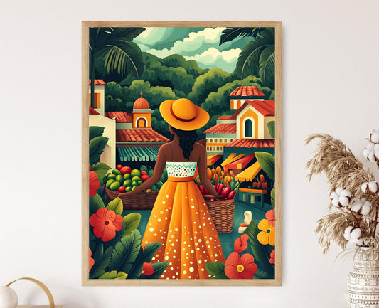 Affiche Femme Trinidadienne avec Panier – Illustration de Marché Vibrant