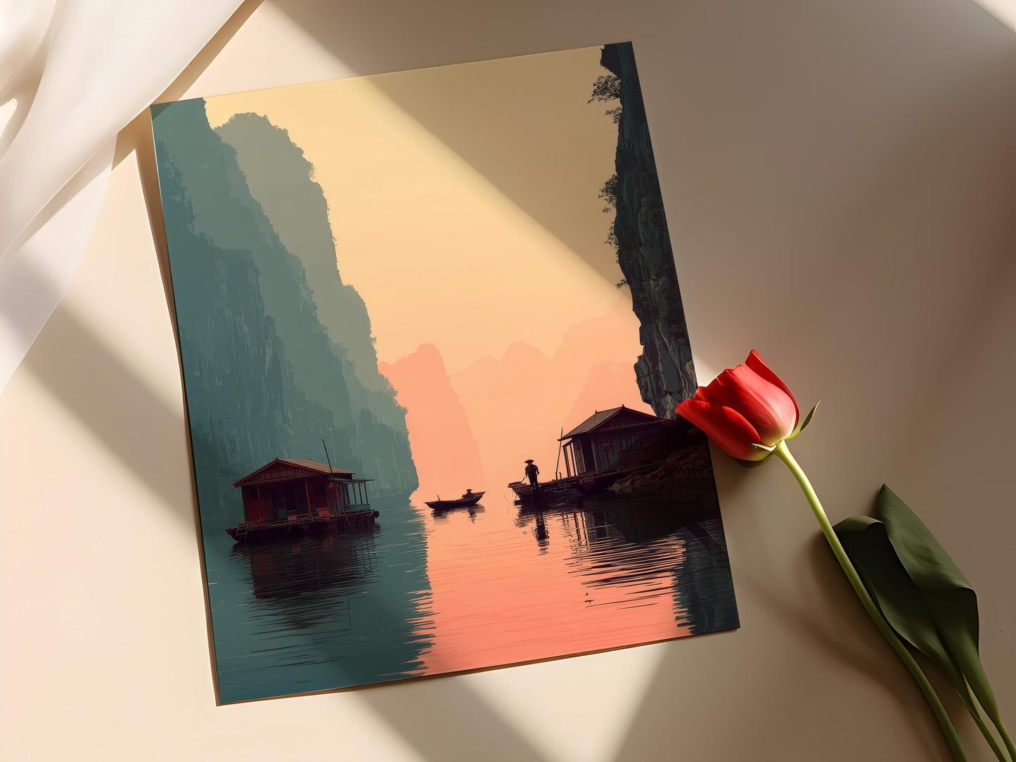 Affiche Ha Long Bay – Illustration de Maisons Flottantes Vietnamiennes