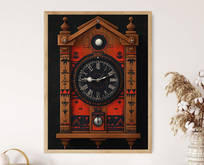 Affiche Symbole Lunaire Mapuche – Illustration d'Horloge en Bois