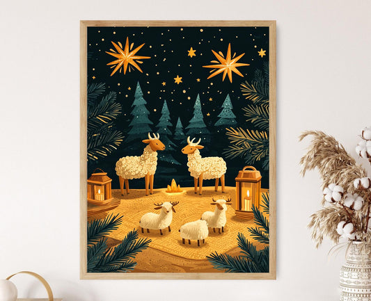 Affiche Scène de Berger – Illustration Rustique en Bois chrétienne