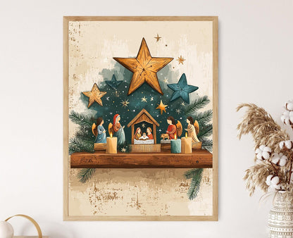 Affiche Étoile de Noël – Illustration Rustique en Bois chrétienne