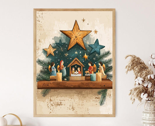 Affiche Étoile de Noël – Illustration Rustique en Bois chrétienne