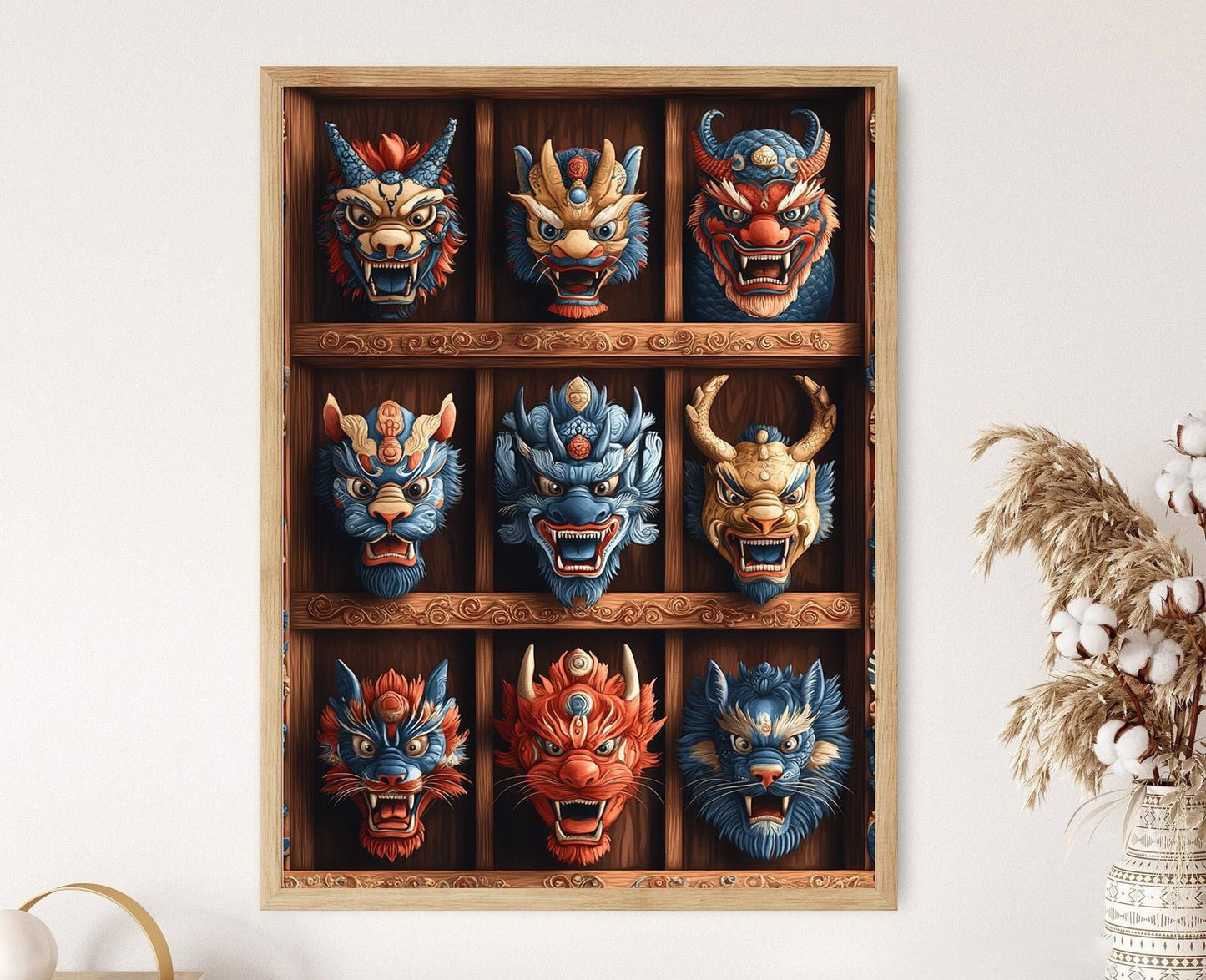 Affiche Masque Animal Spirituel Tibétain – Illustration Folklore en Bois