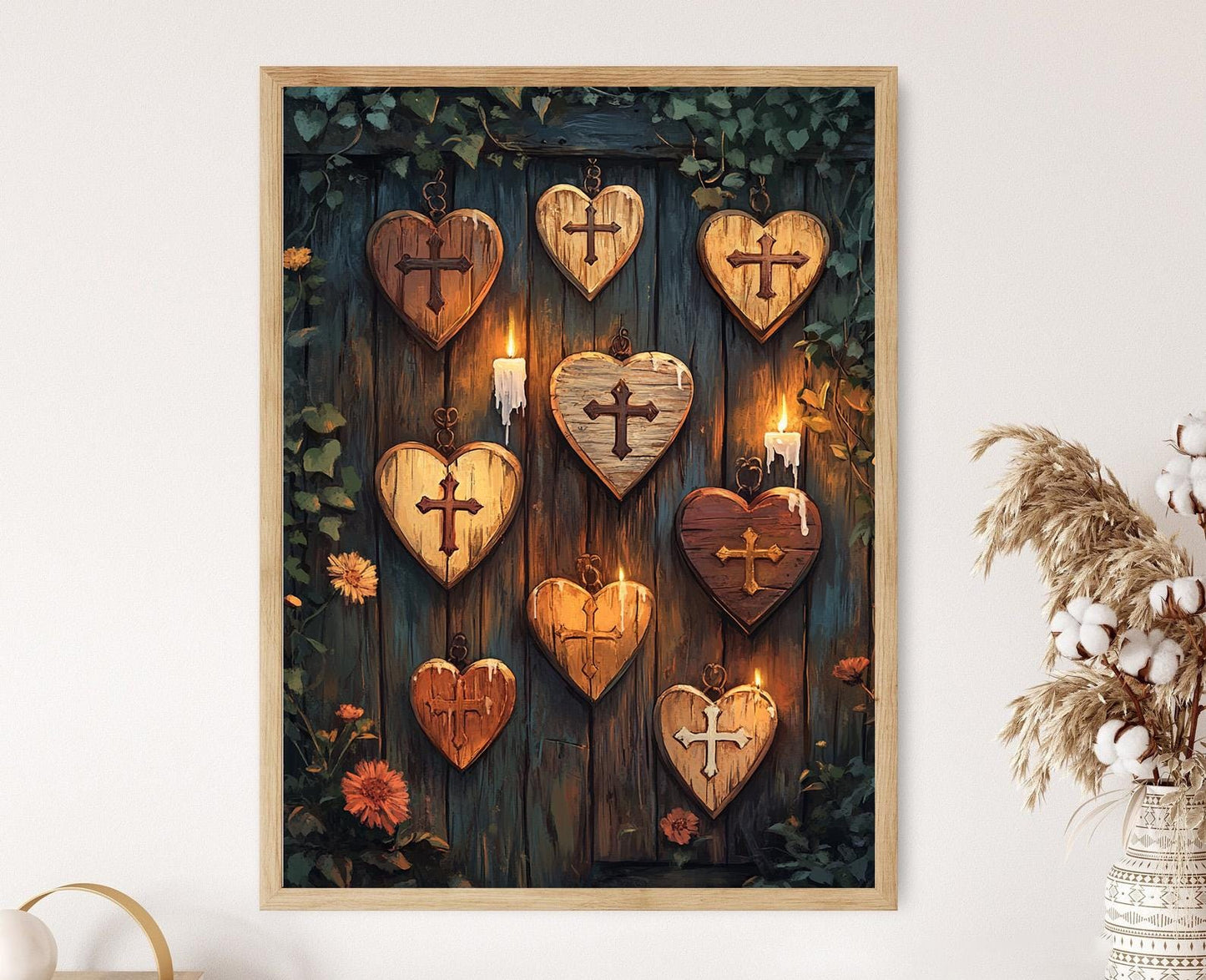 Affiche Plaque Cœur et Croix – Art Rustique en Bois de Foi