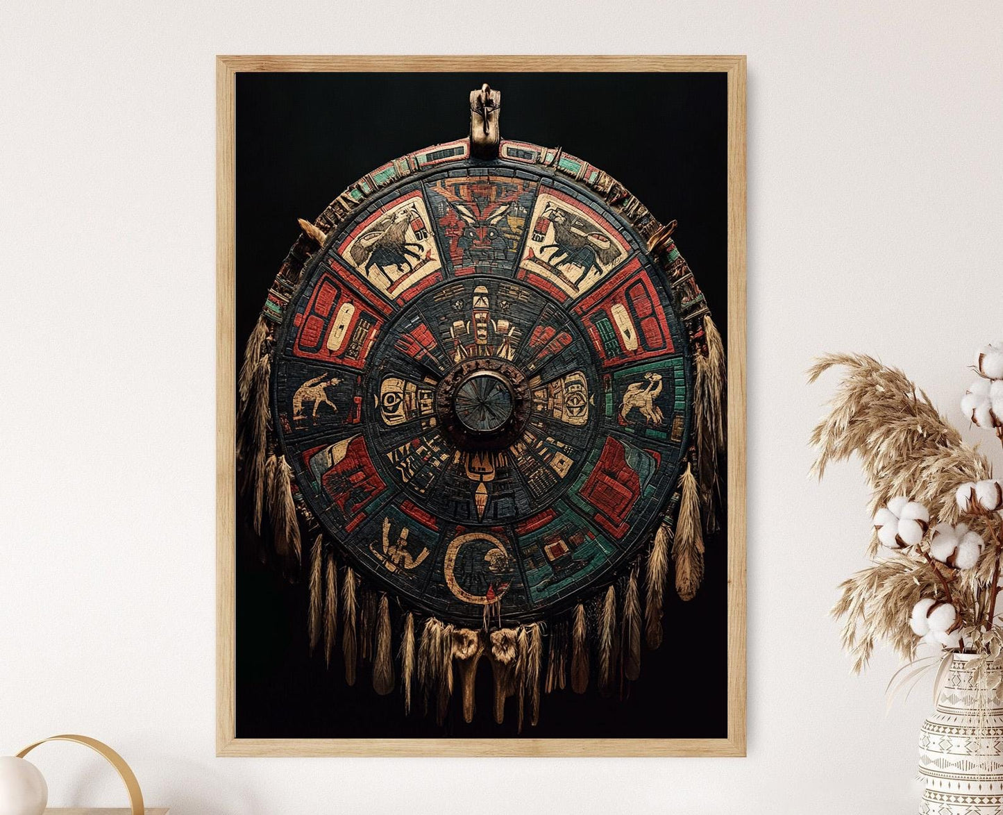 Affiche Scène de Guerre Blackfoot – Poster Art Amérindien avec Symboles Animaux