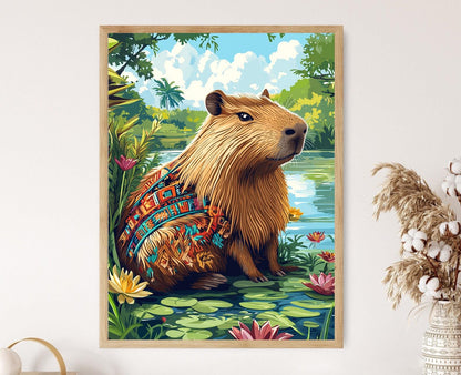 Affiche Capybara Colombien – Illustration avec motifs Wayuu et rivière