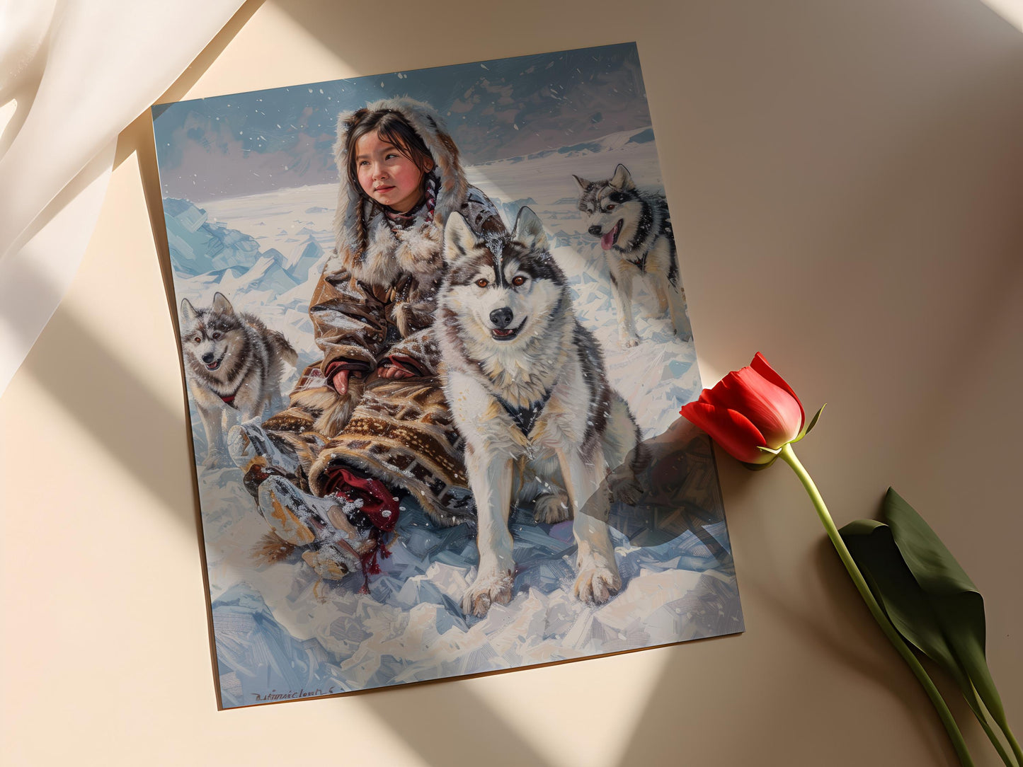 Affiche Fille Inuite avec Chiens de Traîneau – Illustration Art Aborigène