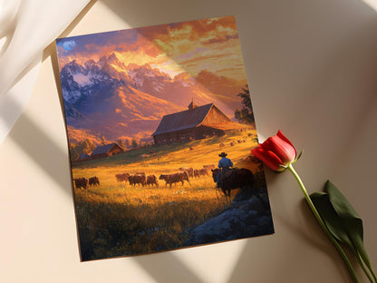 Affiche Lever de Soleil Montana – Illustration Cowboys et Bétail