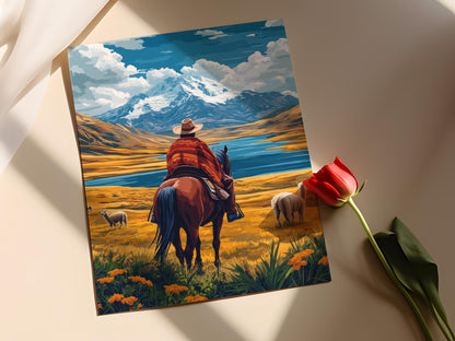 Affiche Altiplano Bolivien – Art d'un Fermier Andin à Cheval