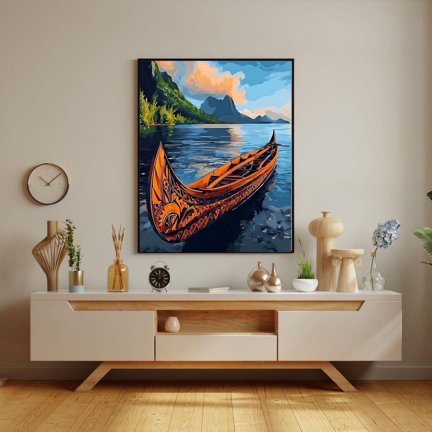 Affiche Samoa – Poster Pirogue Polynésienne et Paysage Tropical