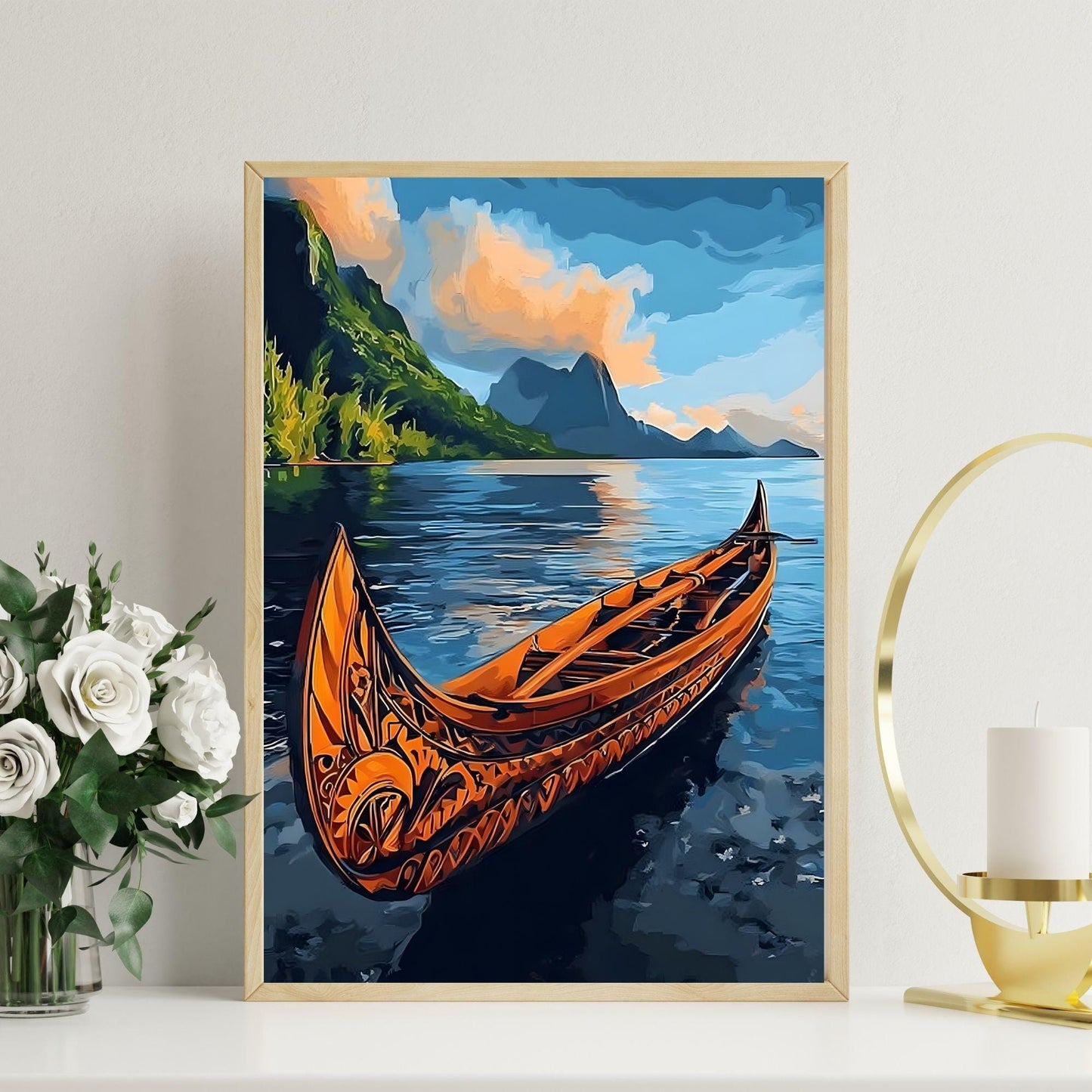 Affiche Samoa – Poster Pirogue Polynésienne et Paysage Tropical