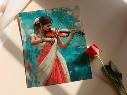 Affiche Femme Indienne en Saree Jouant du Violon – Art Mur Boho Élégant