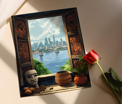 Affiche Lagos – Illustration de fenêtre en bois, motifs yoruba, vue urbaine