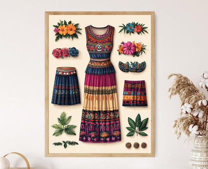 Affiche Huipil et Jupe Corte – Illustration de Vêtements Traditionnels