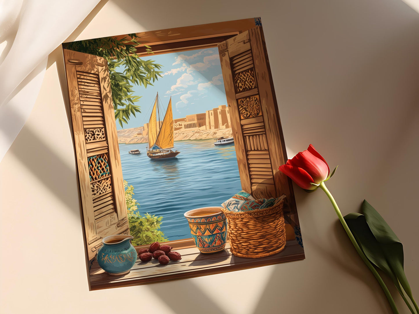 Affiche Aswan – Illustration de fenêtre avec motifs nubians et vue du Nil