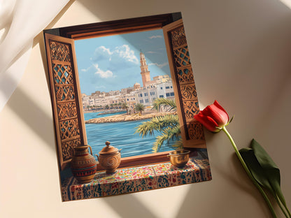 Affiche Alexandria – Illustration de fenêtre égyptienne avec motifs folkloriques