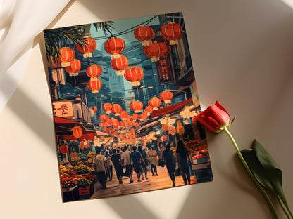 Affiche Petaling Street – Impression artistique, lanternes rouges, marché