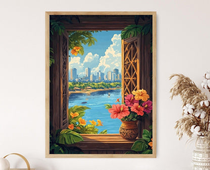 Affiche Kinshasa – Imprimé Art Africain avec Hibiscus et Paysage Urbain