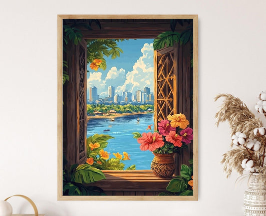 Affiche Kinshasa – Imprimé Art Africain avec Hibiscus et Paysage Urbain