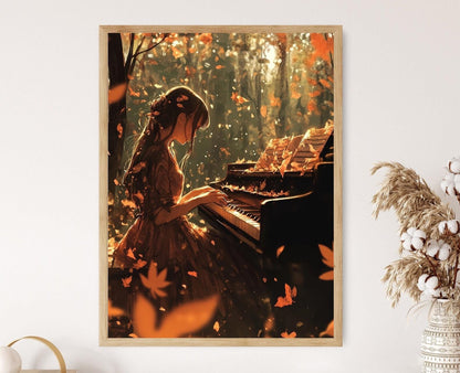 Affiche Fille au Piano d'Automne – Art de Scène Musical Enchantée