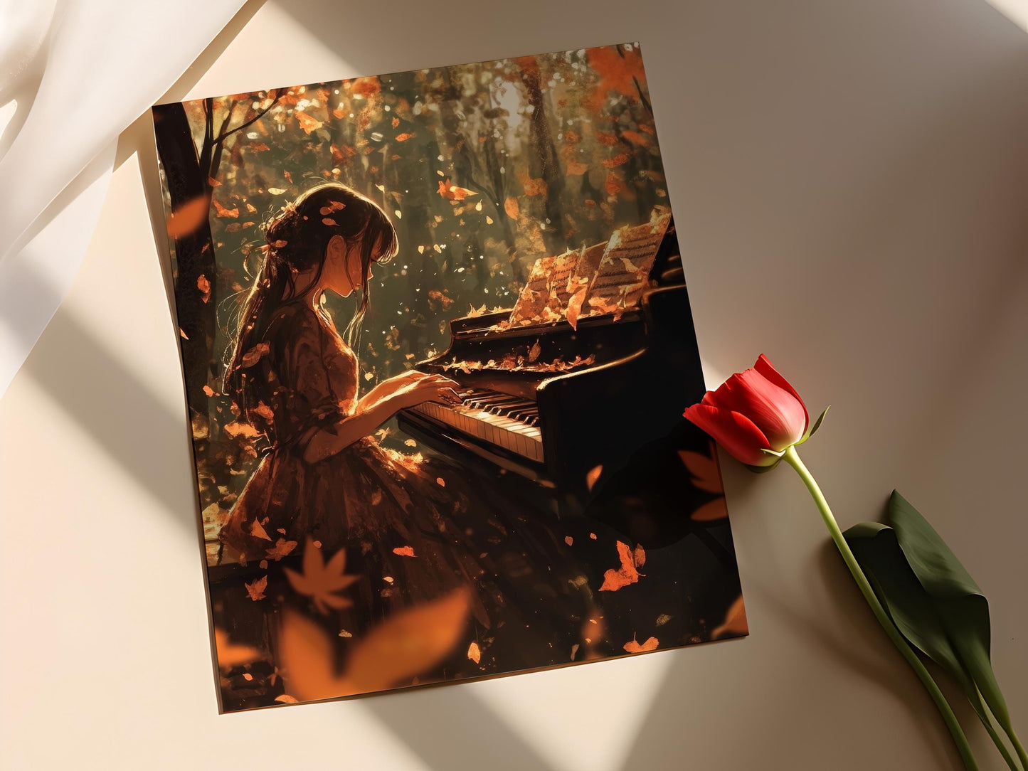 Affiche Fille au Piano d'Automne – Art de Scène Musical Enchantée