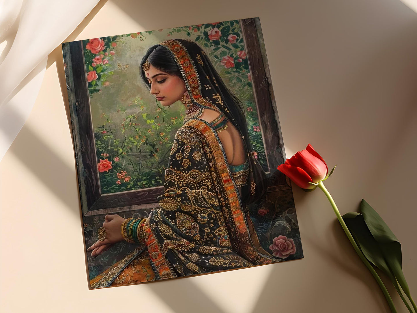 Affiche Peinture Kangra – Portrait élégant de femme indienne, art floral