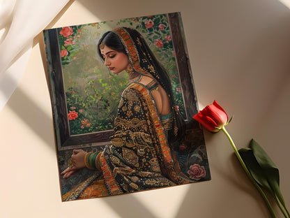 Affiche Peinture Kangra – Portrait élégant de femme indienne, art floral