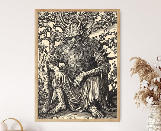 Affiche Forêt Médiévale – Illustration de Divinité Mythique en Bois