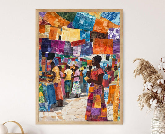 Affiche Marché Textile Haïtien – Poster Scène Colorée et Tissus