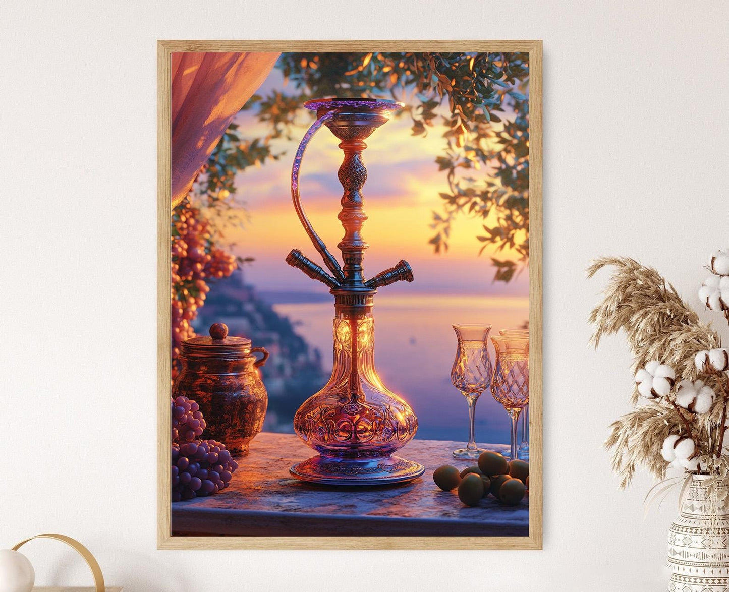 Affiche Narguilé Libanais – Illustration Méditerranéenne avec Cèdre et Raisins